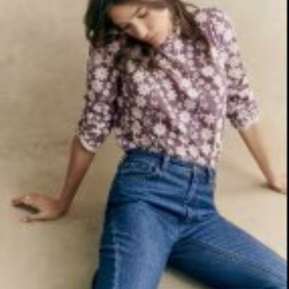 Sezane Embroidered Eglantine Blouse in Purple and Ecru, Size 12, Like New